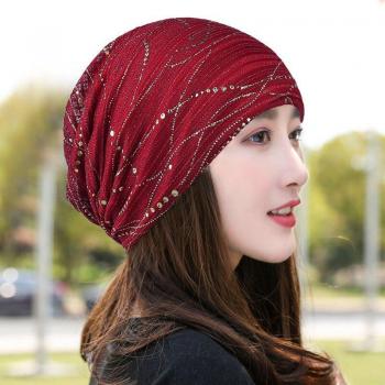 Chapeau solaire en dentelle respirante avec strass – Femme – Coupe-vent Noir – Saison Printemps/Automne – Foulard K39