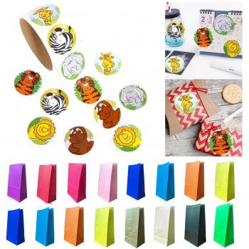 Bolsas de Papel Kraft Coloridas + Sellos de Animales - 100 Uds