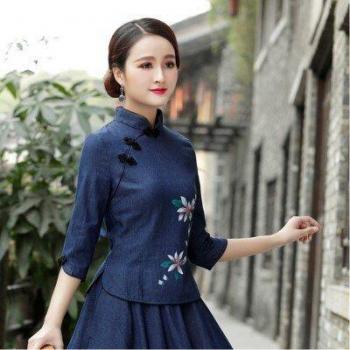 Camisa Cheongsam de Vaquero Azul con Siete Mangas